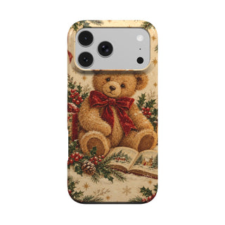Vintage Teddy Bear phone case — plush teddy bear with a red velvet bow, present and storybook, MagSafe iPhone case, front view