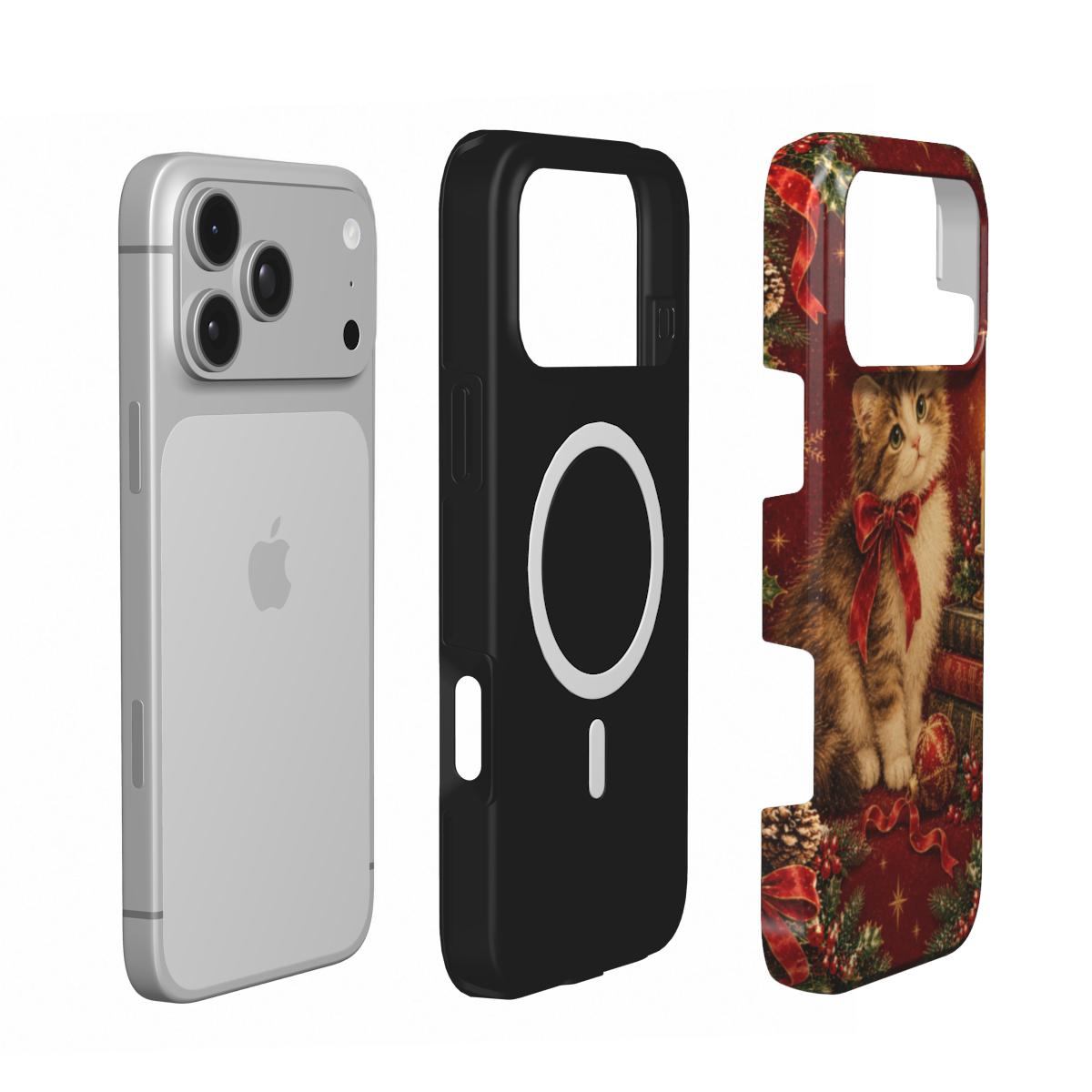 Christmas Cat phone case — MagSafe iPhone case, shell and liner views