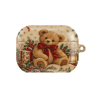 Vintage Teddy Bear AirPods case — plush teddy bear with a red velvet bow, present and storybook, closed front view
