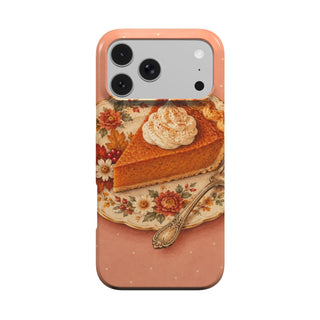Pumpkin Pie Slice phone case — slice of pumpkin pie with whipped cream on a floral plate, MagSafe iPhone case, front view