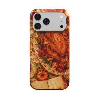 Thanksgiving Table phone case — top-down Thanksgiving feast with turkey, pie and candles, MagSafe iPhone case, front view