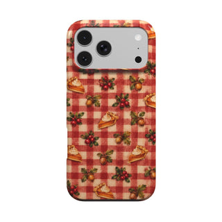 Cranberry Gingham phone case — cranberry sprigs, acorns and pie slices on red gingham, MagSafe iPhone case, front view