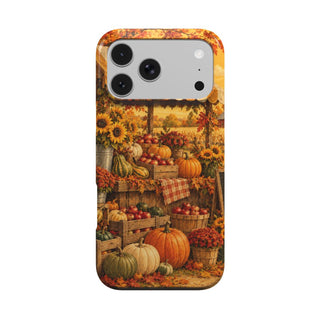 Harvest Market phone case — vintage farmers market stall with pumpkins and sunflowers, MagSafe iPhone case, front view