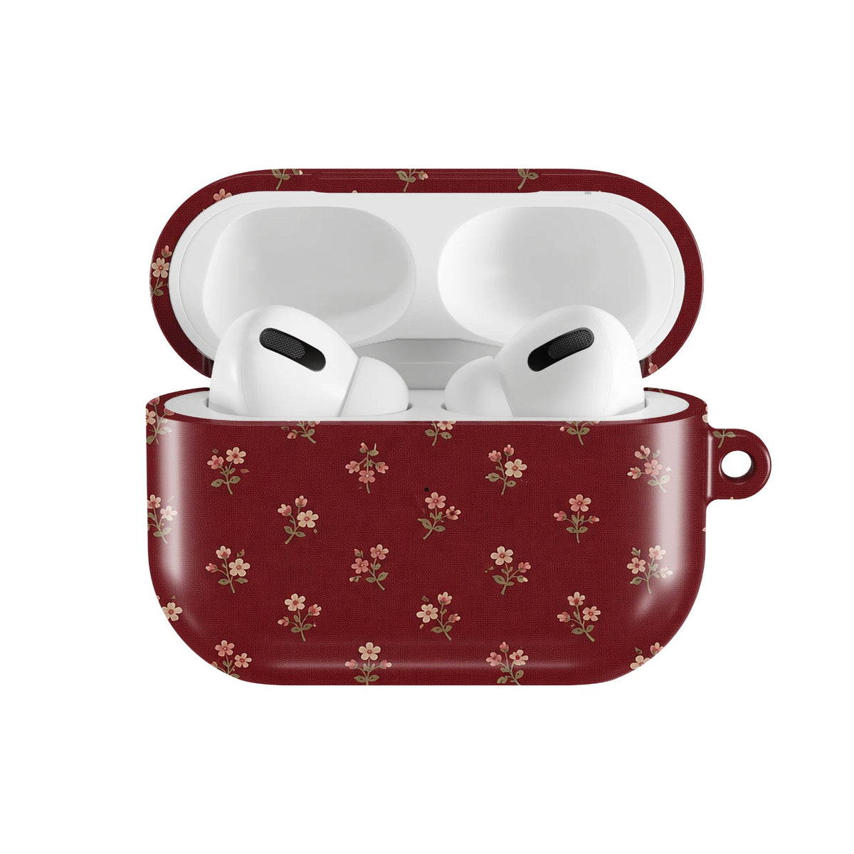Burgundy Ditsy Floral AirPods case — open front view