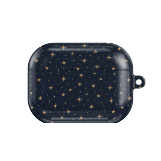 Gold Stars Navy AirPods case — tiny gold stars on deep midnight navy, closed front view