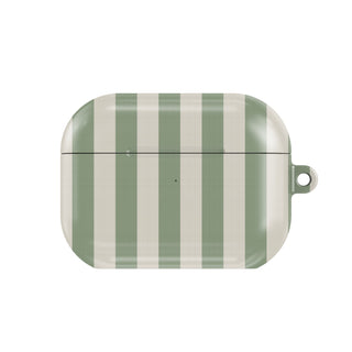 Sage Cream Stripe AirPods case — soft sage green and cream stripes, closed front view