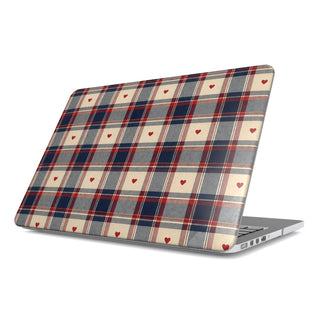 Heart Plaid MacBook case — navy, red and cream plaid with tiny hearts, hard-shell laptop cover, angled lid view