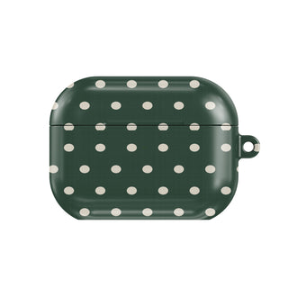 Forest Green Polka Dot AirPods case — cream polka dots on deep forest green, closed front view