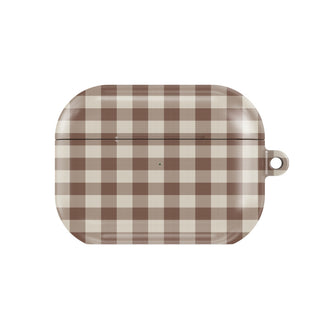 Brown Gingham AirPods case — mocha brown and cream gingham, closed front view