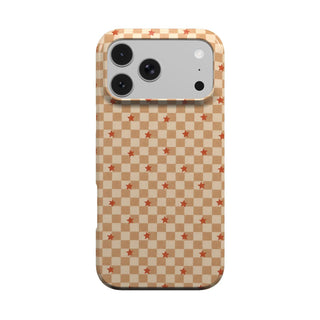 Checkered Stars phone case — caramel and cream checkerboard with little red stars, MagSafe iPhone case, front view