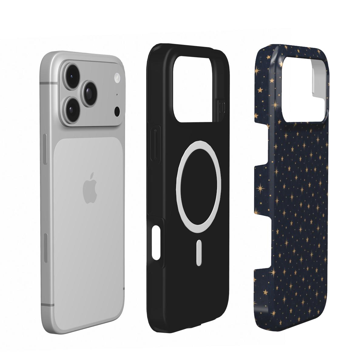 Gold Stars Navy phone case — MagSafe iPhone case, shell and liner views