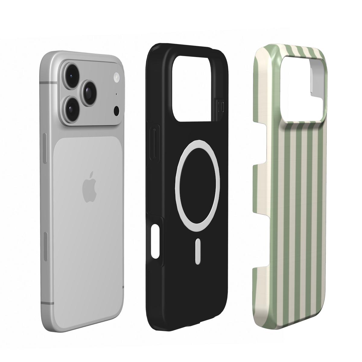 Sage Cream Stripe phone case — MagSafe iPhone case, shell and liner views