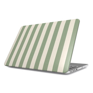 Sage Cream Stripe MacBook case — soft sage green and cream stripes, hard-shell laptop cover, angled lid view