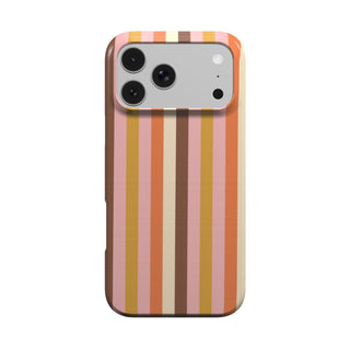 Retro Candy Stripe phone case — retro stripes in orange, pink, mustard and brown, MagSafe iPhone case, front view