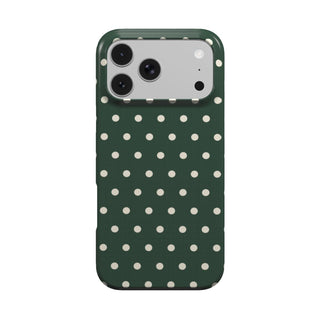 Forest Green Polka Dot phone case — cream polka dots on deep forest green, MagSafe iPhone case, front view