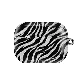 Zebra AirPods case — black & white zebra, closed front view