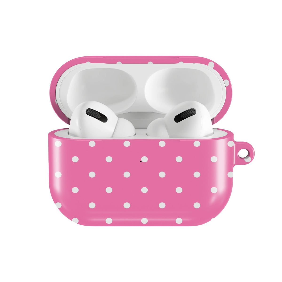 Candy Pink Polka Dot AirPods case — open front view