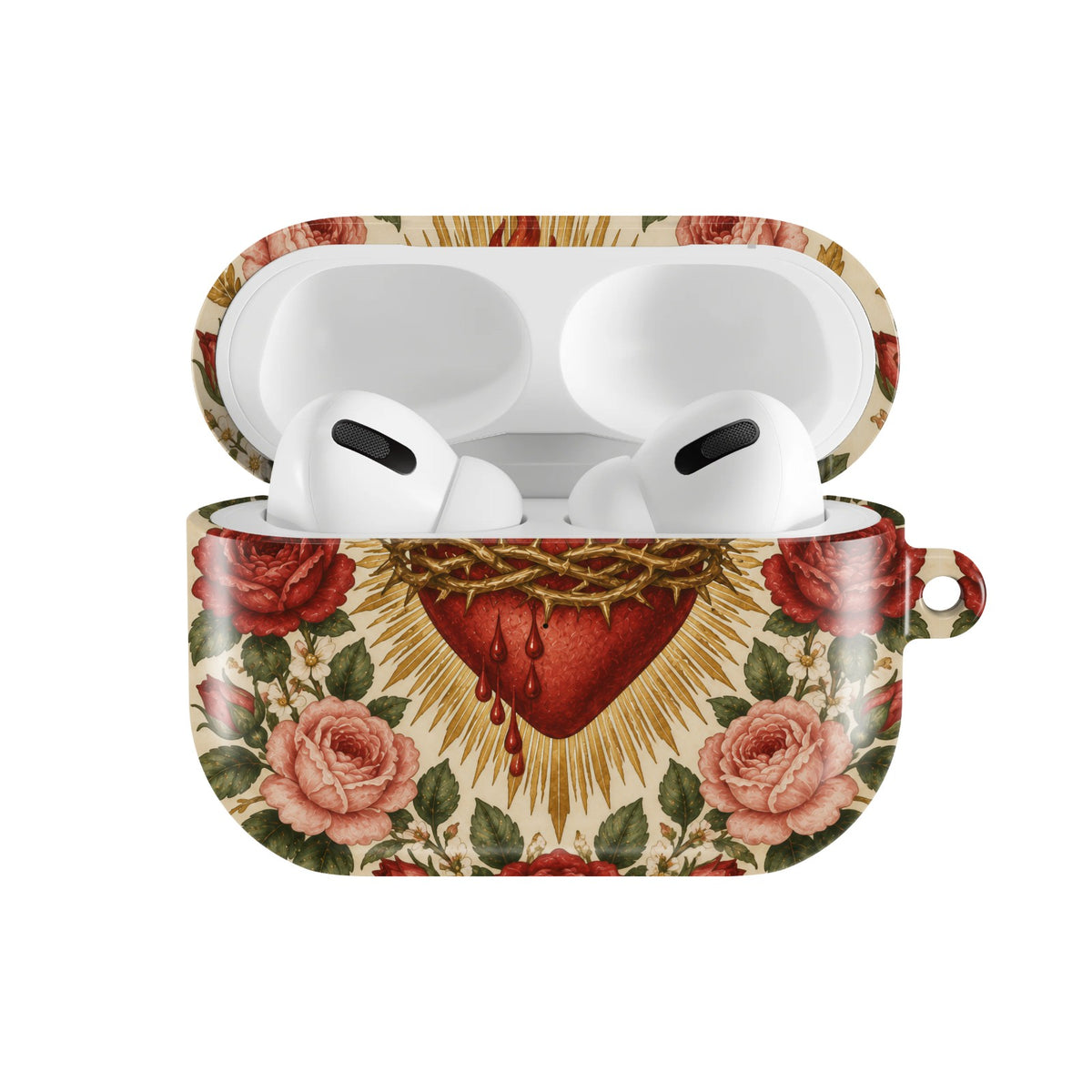 Sacred Heart & Roses AirPods case — open front view