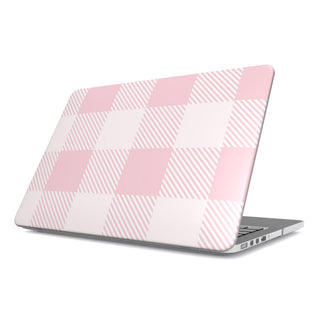 Blush Buffalo Check MacBook case — pink check, hard-shell laptop cover, angled lid view