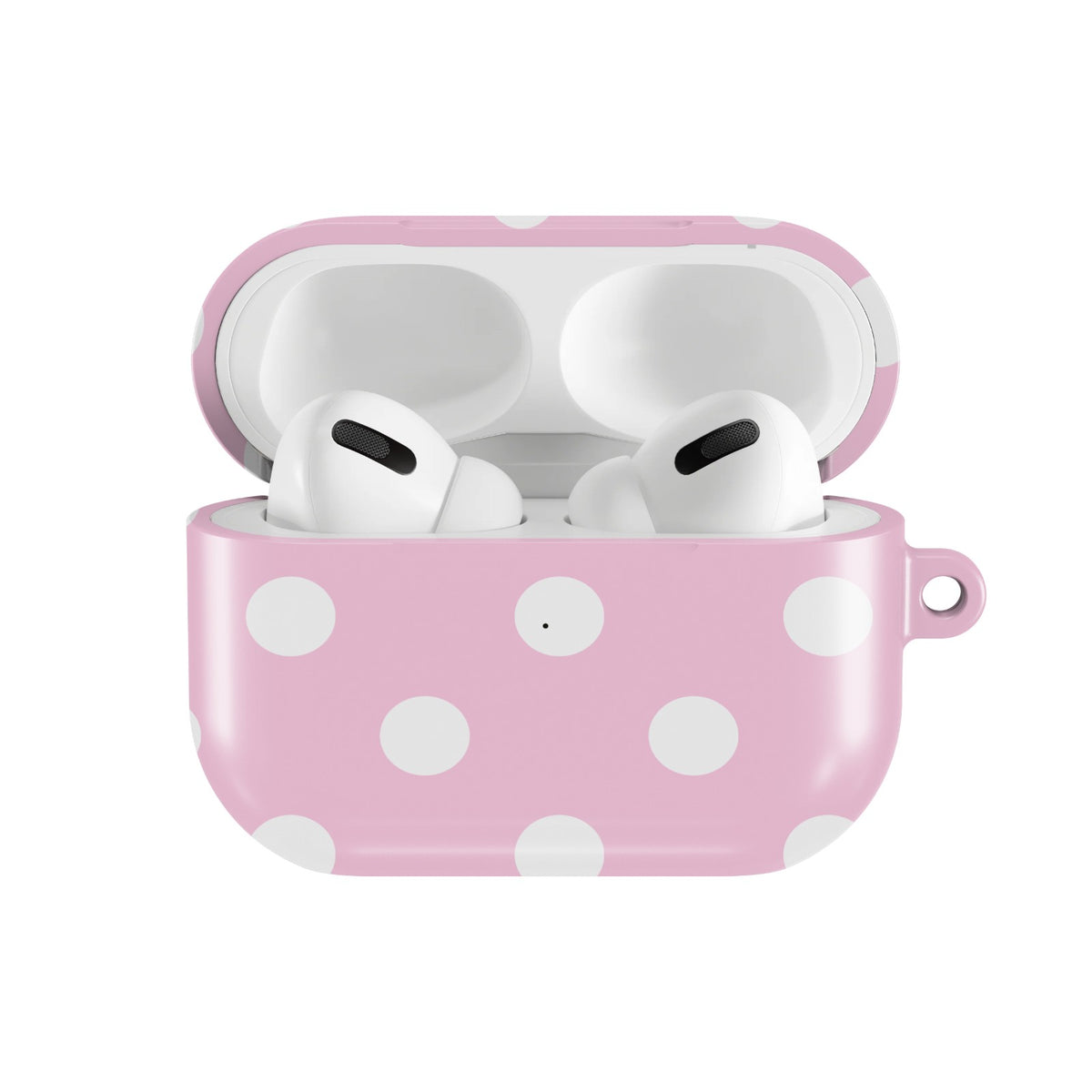 Bubblegum Polka Dot AirPods case — open front view