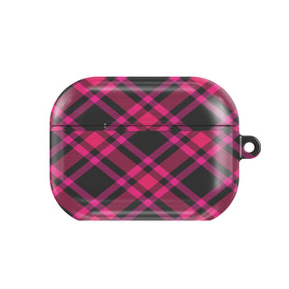 Hot Pink Tartan AirPods case — pink & black plaid, closed front view