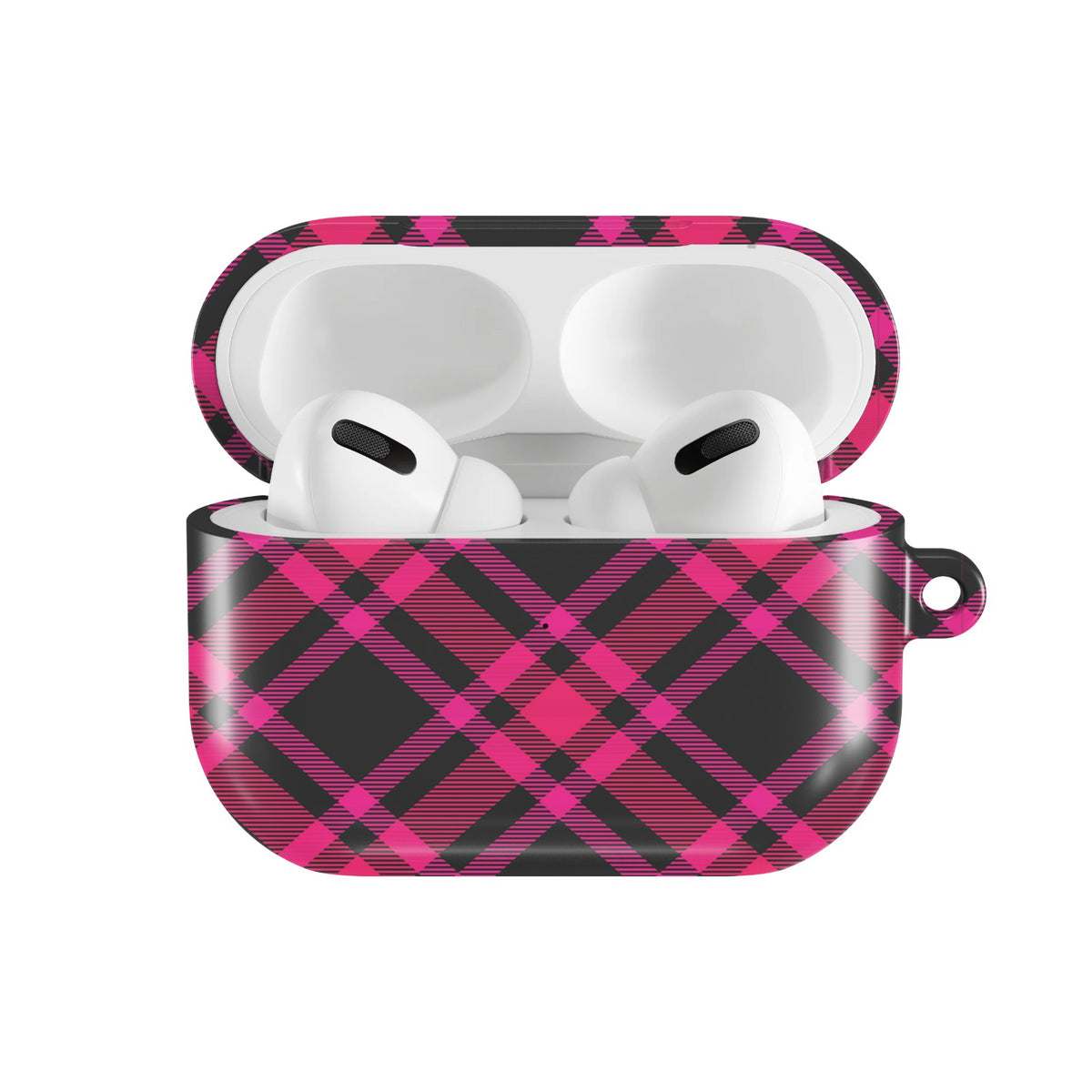 Hot Pink Tartan AirPods case — open front view