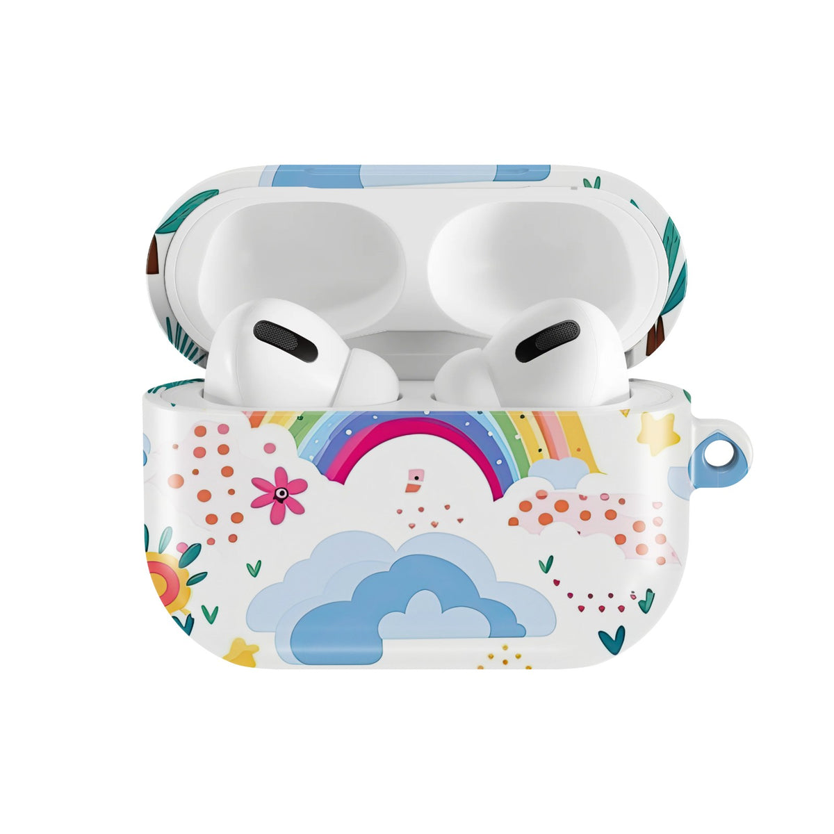 Rainbow Sky AirPods case — open front view