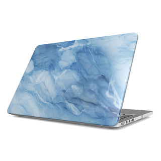 Blue Marble MacBook case — cornflower & slate, hard-shell laptop cover, angled lid view