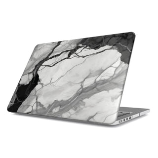 Black & White Marble MacBook case — monochrome, hard-shell laptop cover, angled lid view