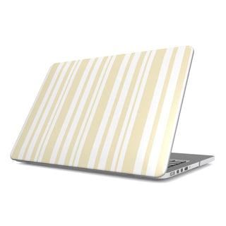Butter Ticking Stripe MacBook case — yellow stripe, hard-shell laptop cover, angled lid view