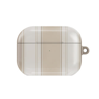 Taupe Ticking Stripe AirPods case — neutral stripe, closed front view