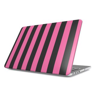 Pink & Black Stripe MacBook case — bold stripe, hard-shell laptop cover, angled lid view