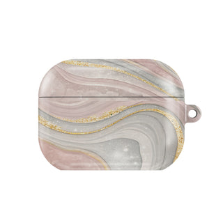 Rose Quartz Marble AirPods case — blush & gold, closed front view