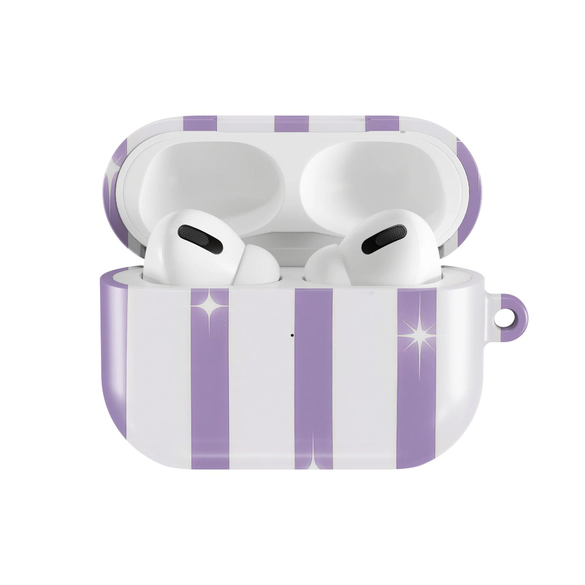 Lilac Sparkle Stripe AirPods case — open front view