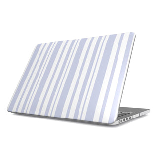 Periwinkle Ticking Stripe MacBook case — periwinkle, hard-shell laptop cover, angled lid view