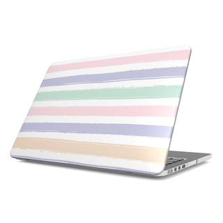 Pastel Brushstroke Stripe MacBook case — pastel, hard-shell laptop cover, angled lid view