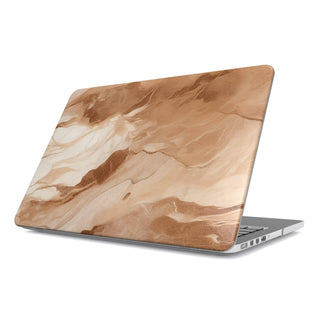 Caramel Marble MacBook case — warm stone, hard-shell laptop cover, angled lid view