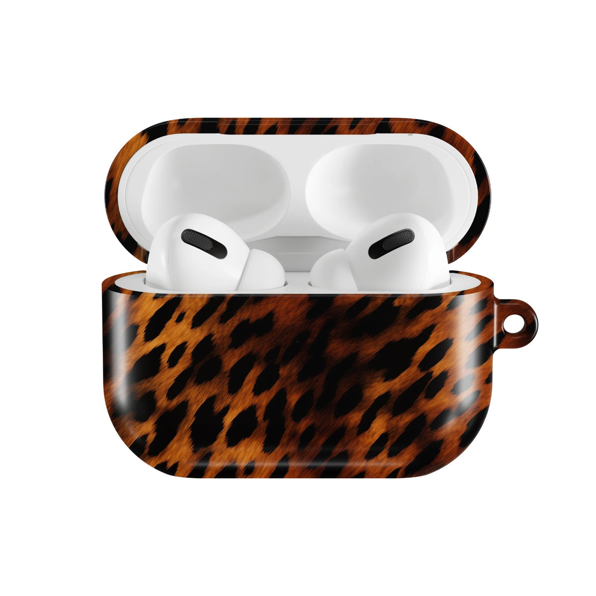 Amber Leopard AirPods case — open front view