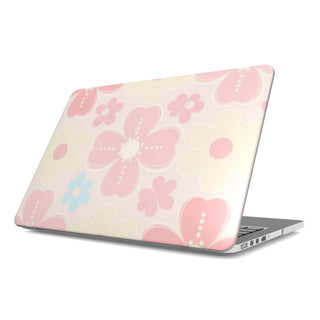 Retro Daisy MacBook case — retro floral, hard-shell laptop cover, angled lid view