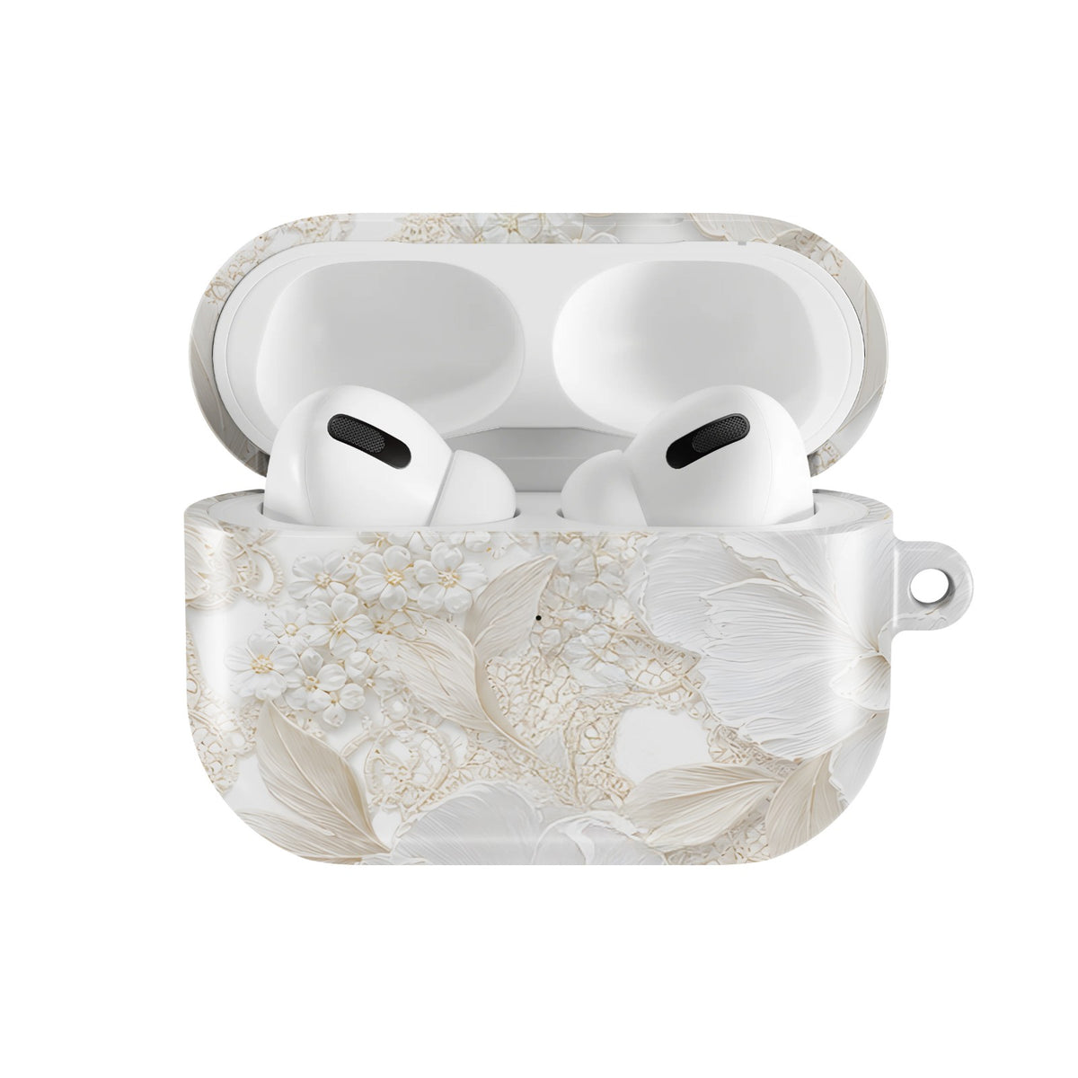 Ivory Lace Peony AirPods case — open front view