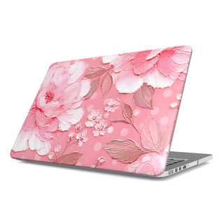 Pink Peony Polka Dot MacBook case — pink floral, hard-shell laptop cover, angled lid view