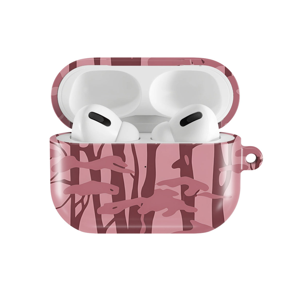 Pink Forest Camo AirPods case — open front view