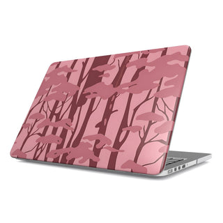 Pink Forest Camo MacBook case — pink camo, hard-shell laptop cover, angled lid view