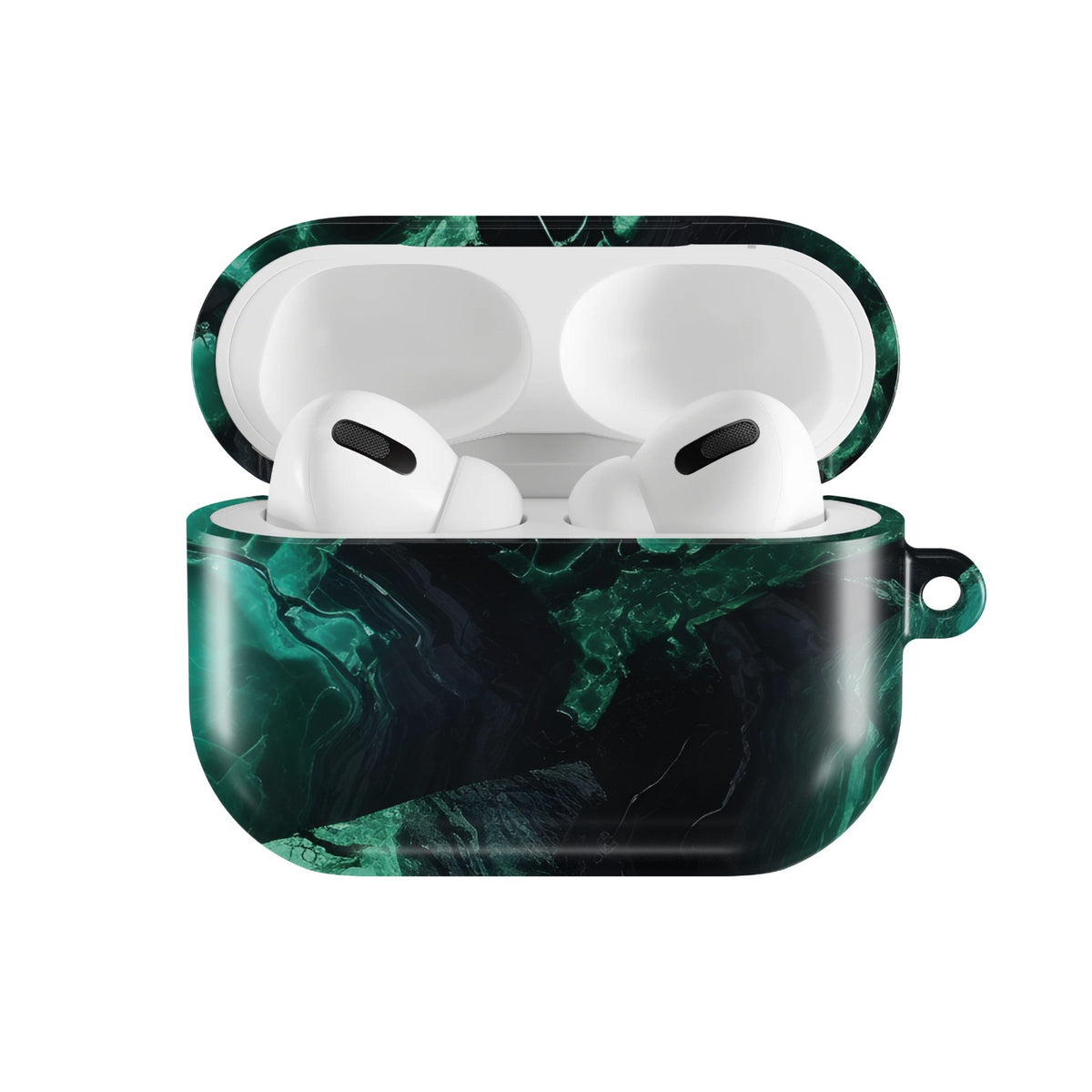 Malachite Marble AirPods case — open front view
