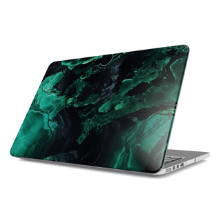 Malachite Marble MacBook case — emerald stone, hard-shell laptop cover, angled lid view