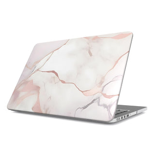 Blush Marble MacBook case — soft pink, hard-shell laptop cover, angled lid view