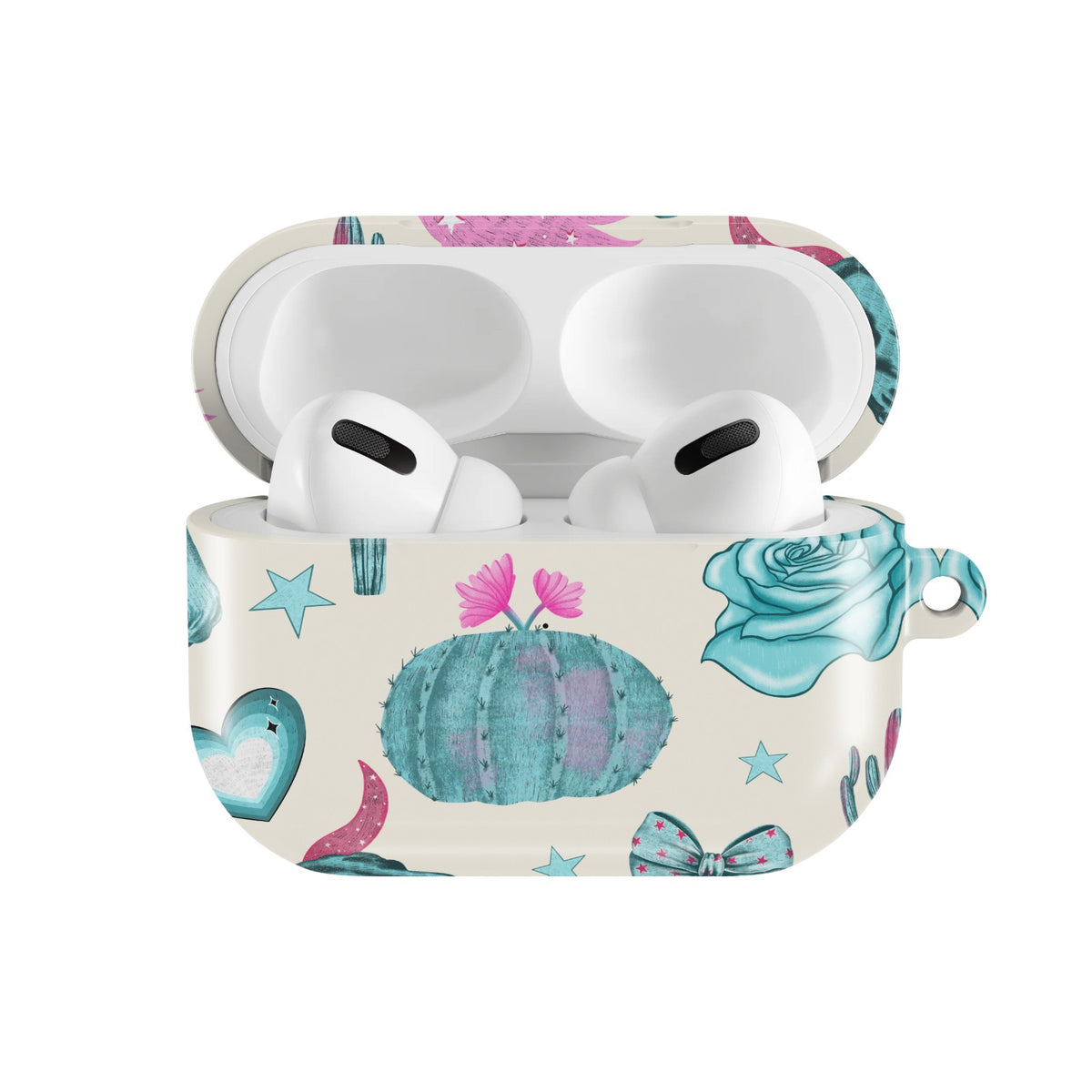 Turquoise Rodeo AirPods case — open front view