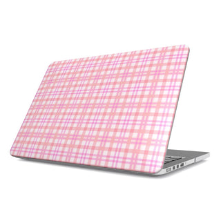 Pink Gingham MacBook case — pink check, hard-shell laptop cover, angled lid view