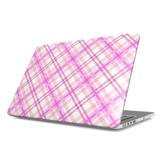 Rose Plaid MacBook case — pink plaid, hard-shell laptop cover, angled lid view