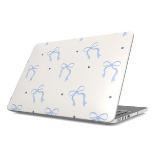 Blue Bow MacBook case — blue coquette, hard-shell laptop cover, angled lid view